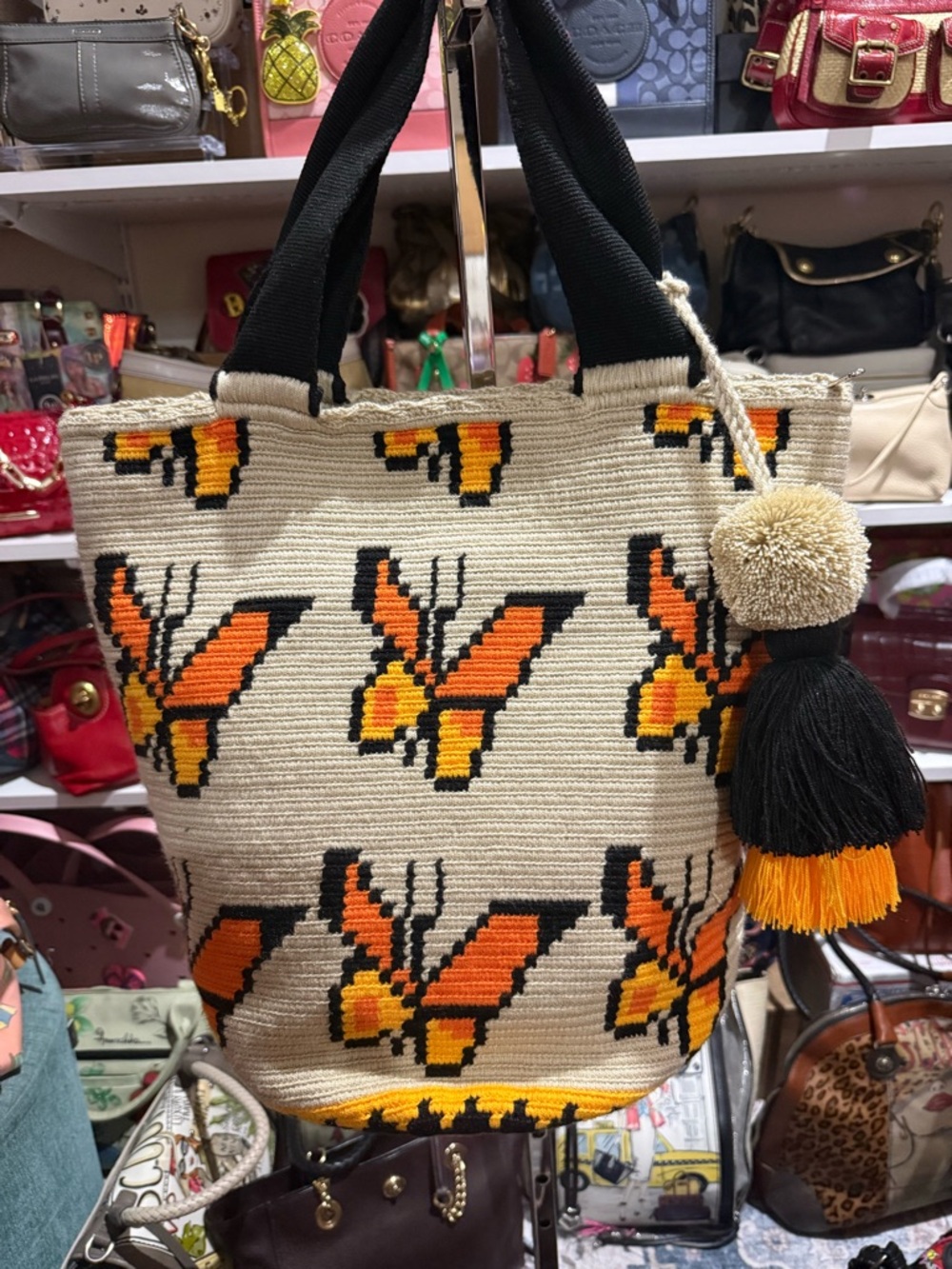 Handwoven Cream & Orange Butterfly Tote Bag